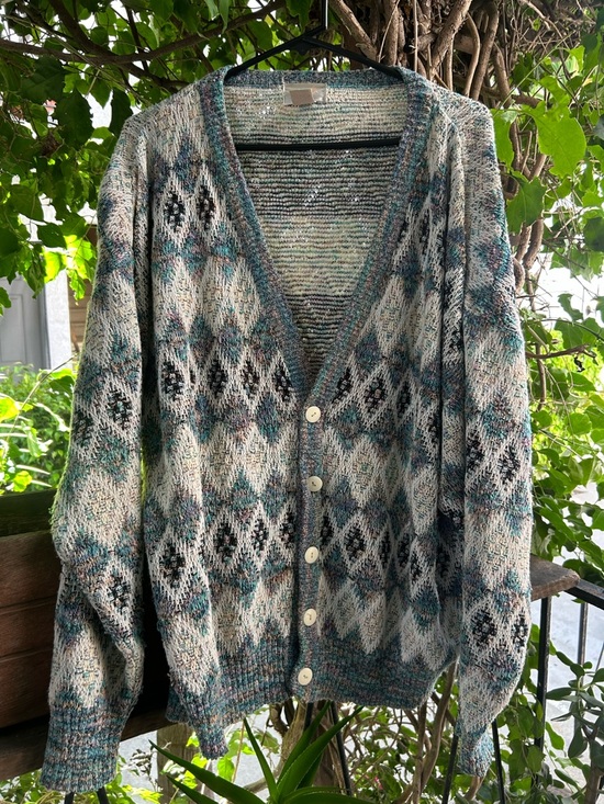 Other - Cozy Diamond Pattern Button-Up Cardigan in Teal & Cream